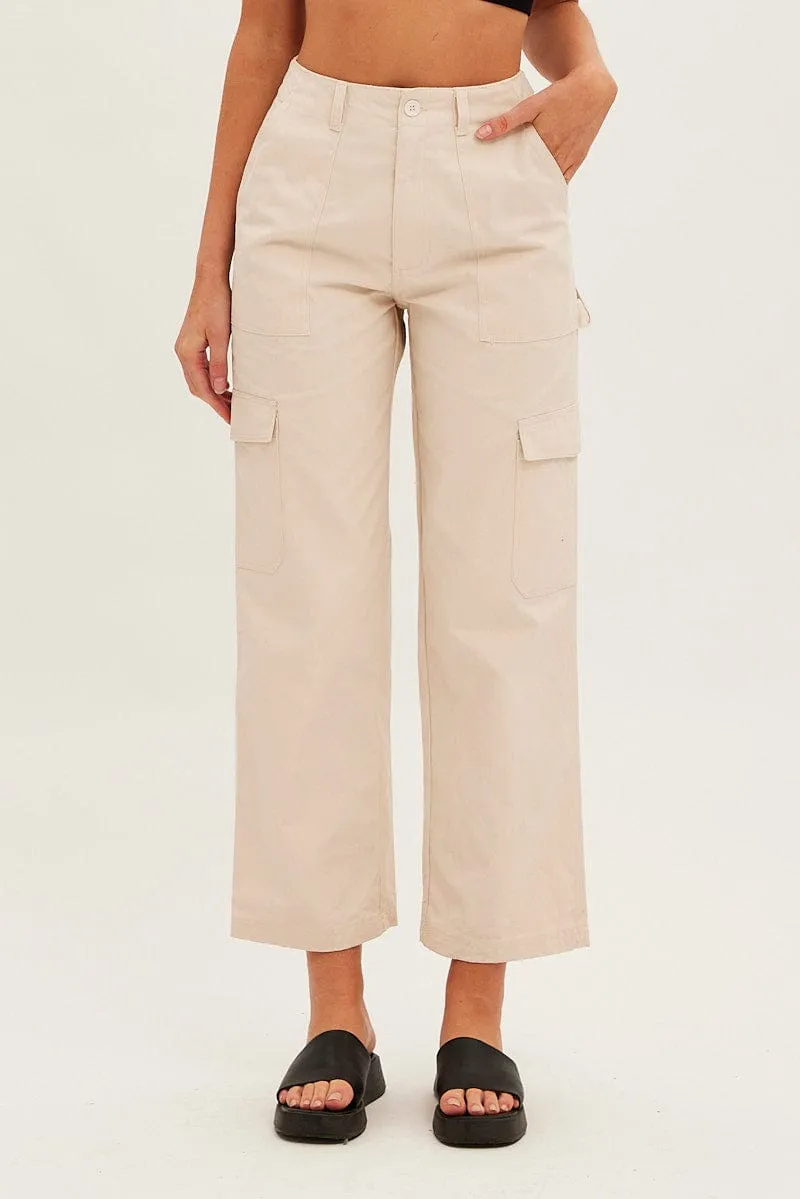 Beige Cargo Pants Mid Rise Durable Hemming Quick Flex