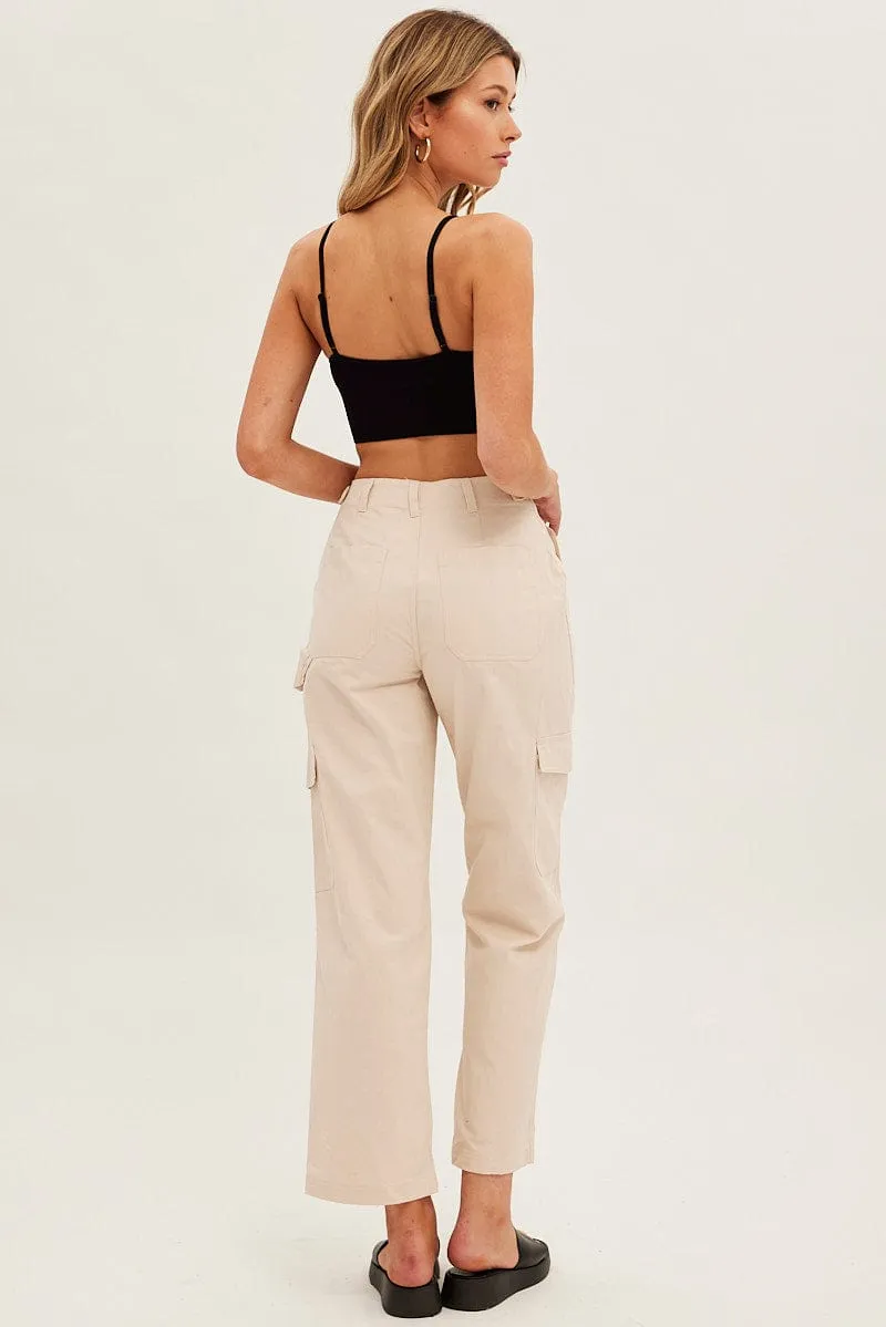 Sleek Appearance Flexible Fabric Beige Cargo Pants Mid Rise