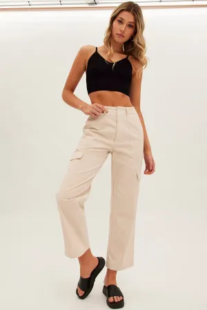 High Rise Design Beige Cargo Pants Mid Rise