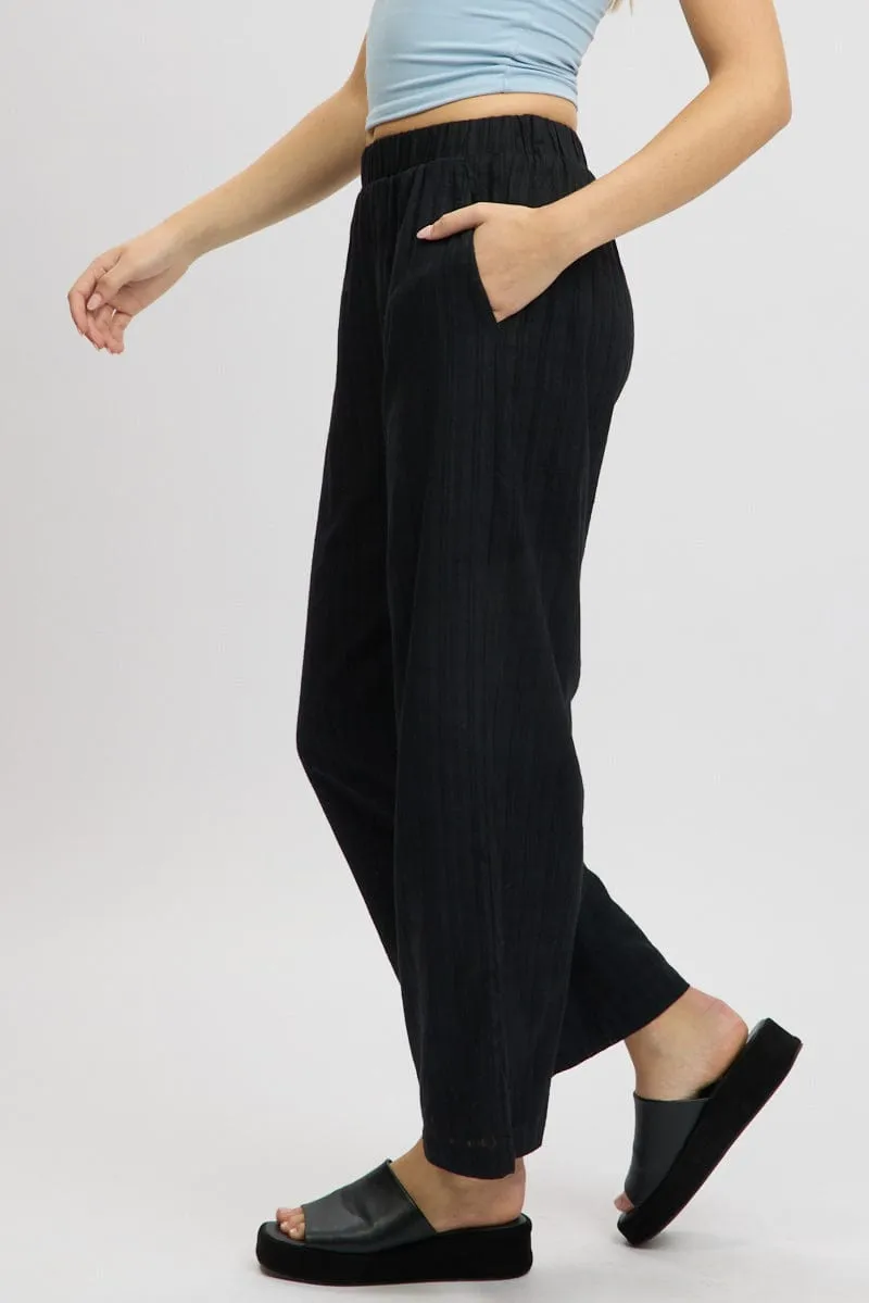 Black Wide Leg Pants Elasticated Waist Soft Brushed Lining