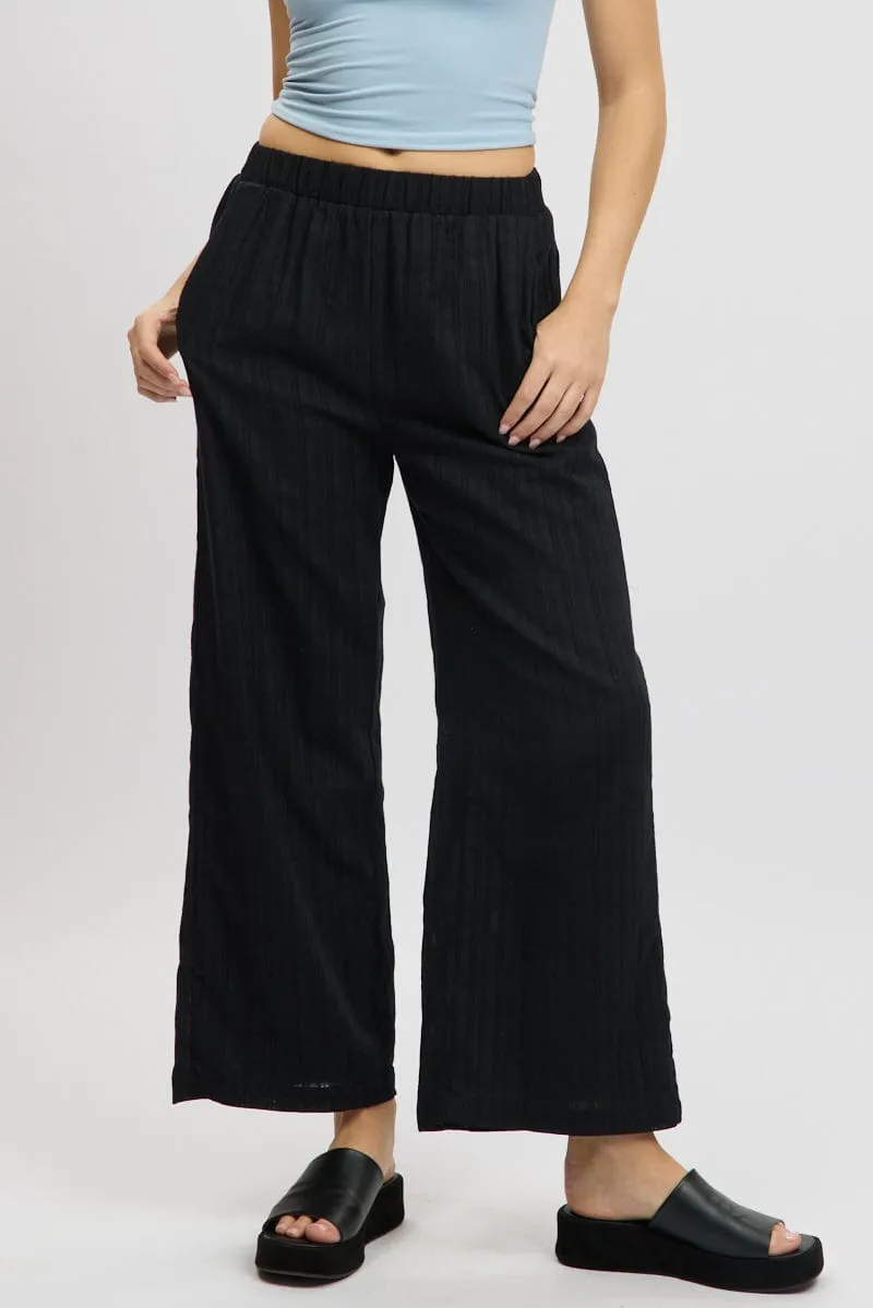 Durable Seam Construction Black Wide Leg Pants Elasticated Waist