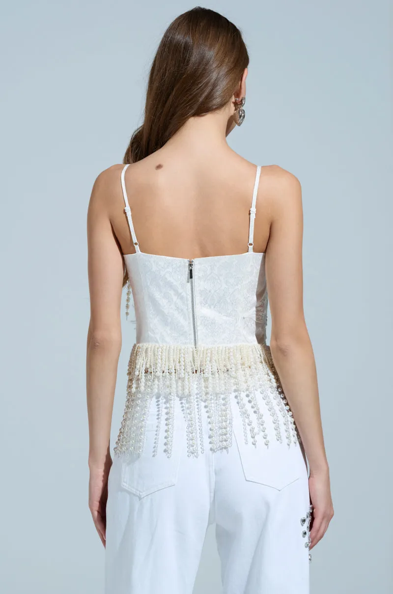 Vibration - reducing Yoga Friendly Back Design BOLD FRINGE PEARL TOP