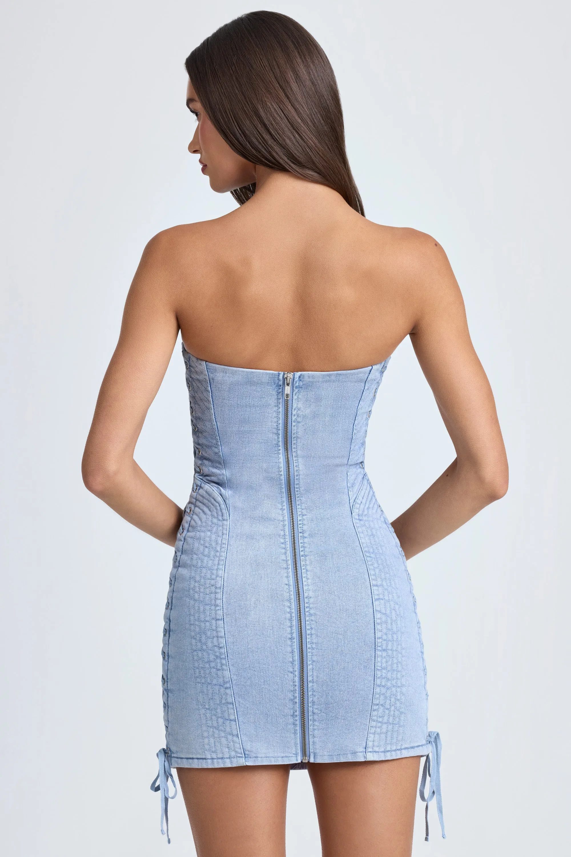 Glow Heat Bold Glow Bandeau Lace-Up Mini Dress in Light Blue Stonewash