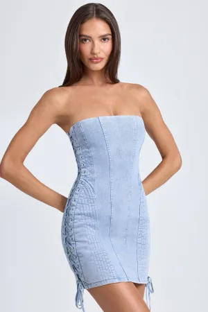 Trendy Wear Fun Mode Bandeau Lace-Up Mini Dress in Light Blue Stonewash
