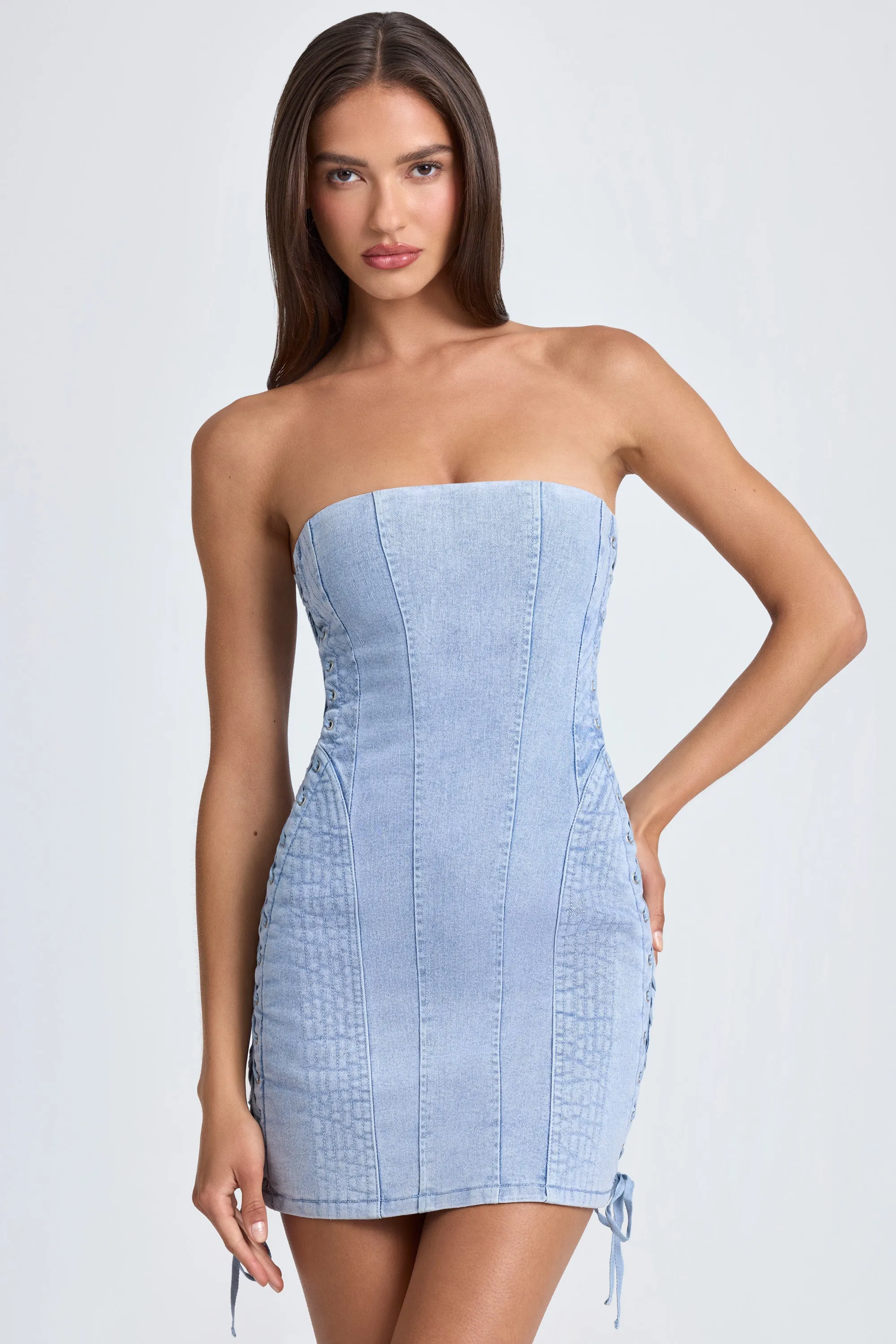 Bandeau Lace-Up Mini Dress in Light Blue Stonewash Chic Spirit