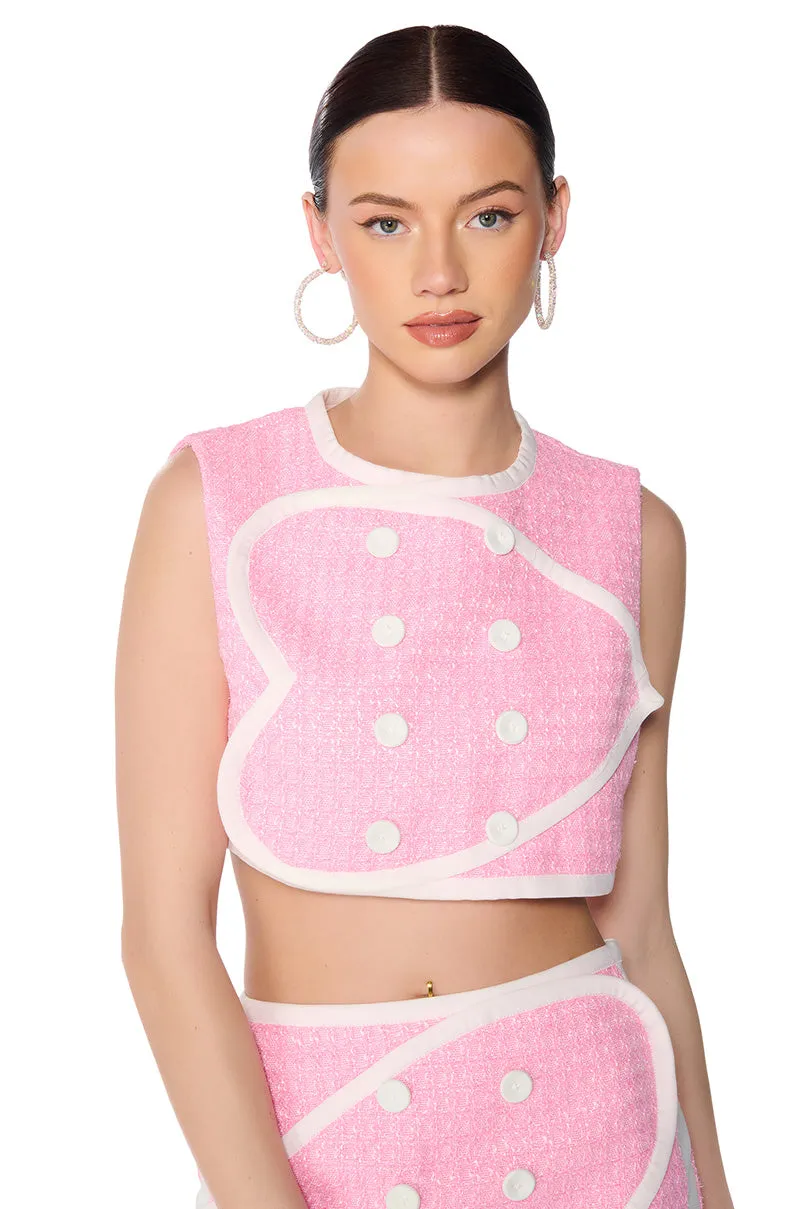 DOUBLE HEART PINK TWEED VEST Stay Coolness
