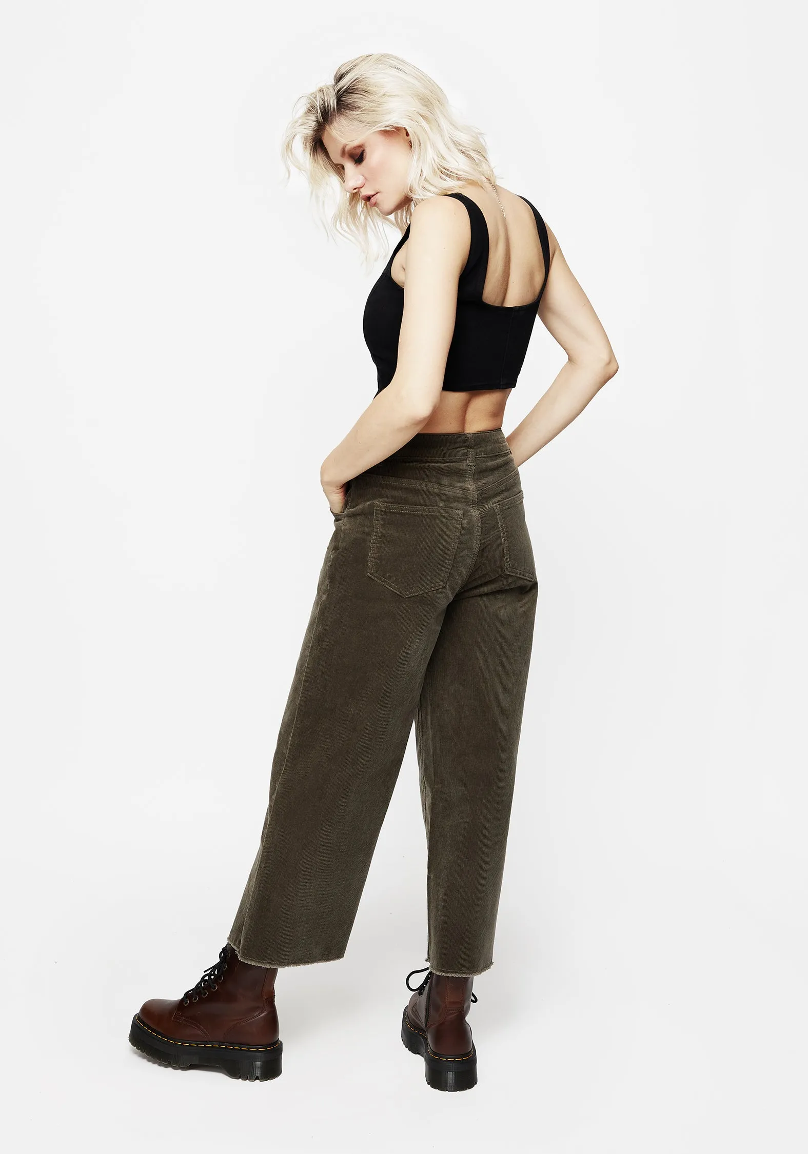 Spring Mood Outdoor Enthusiast Formal Foster Wide Leg Cord Crop Jeans - Green