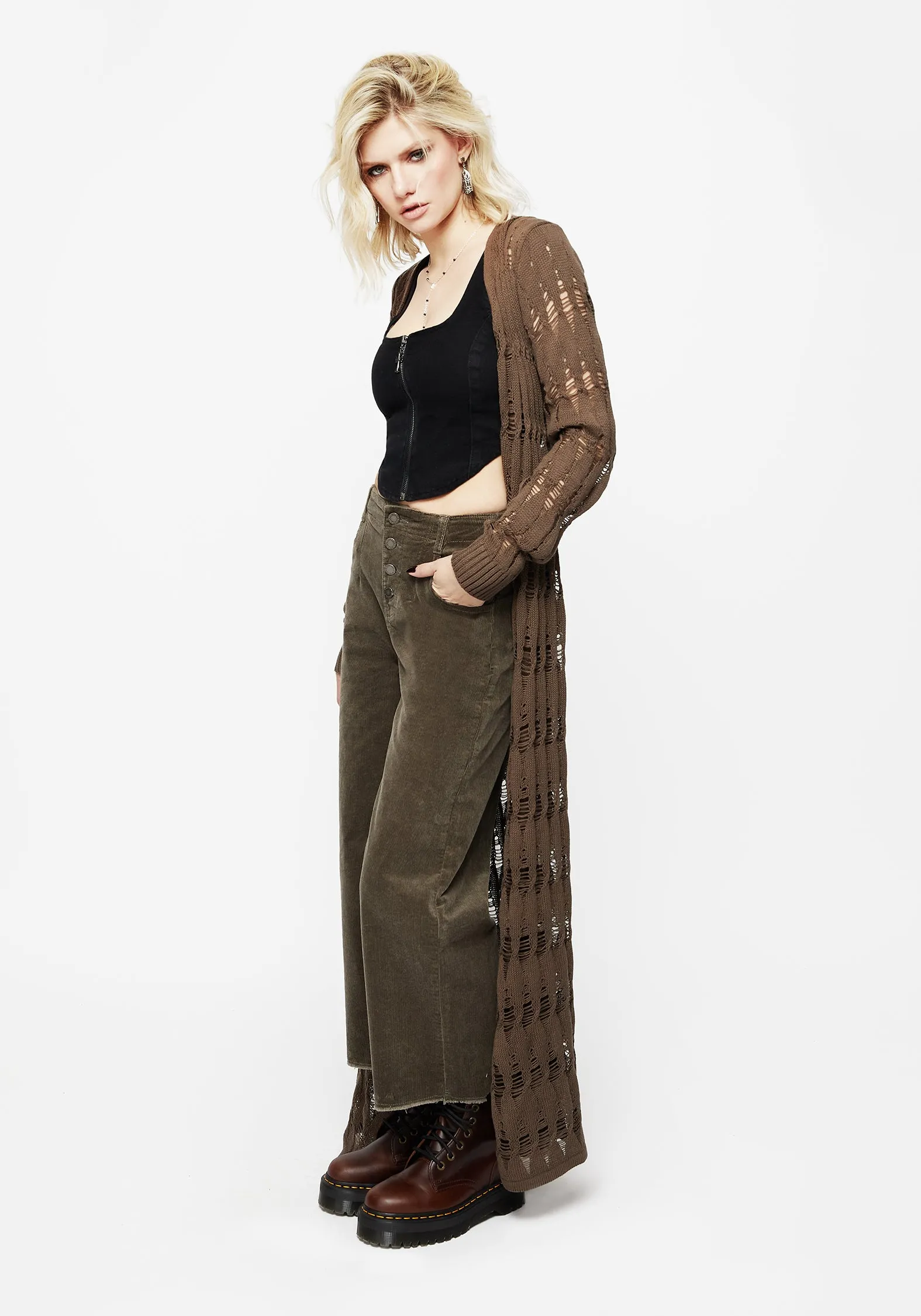 Foster Wide Leg Cord Crop Jeans - Green Neutral design Party Look Modern Minimalist