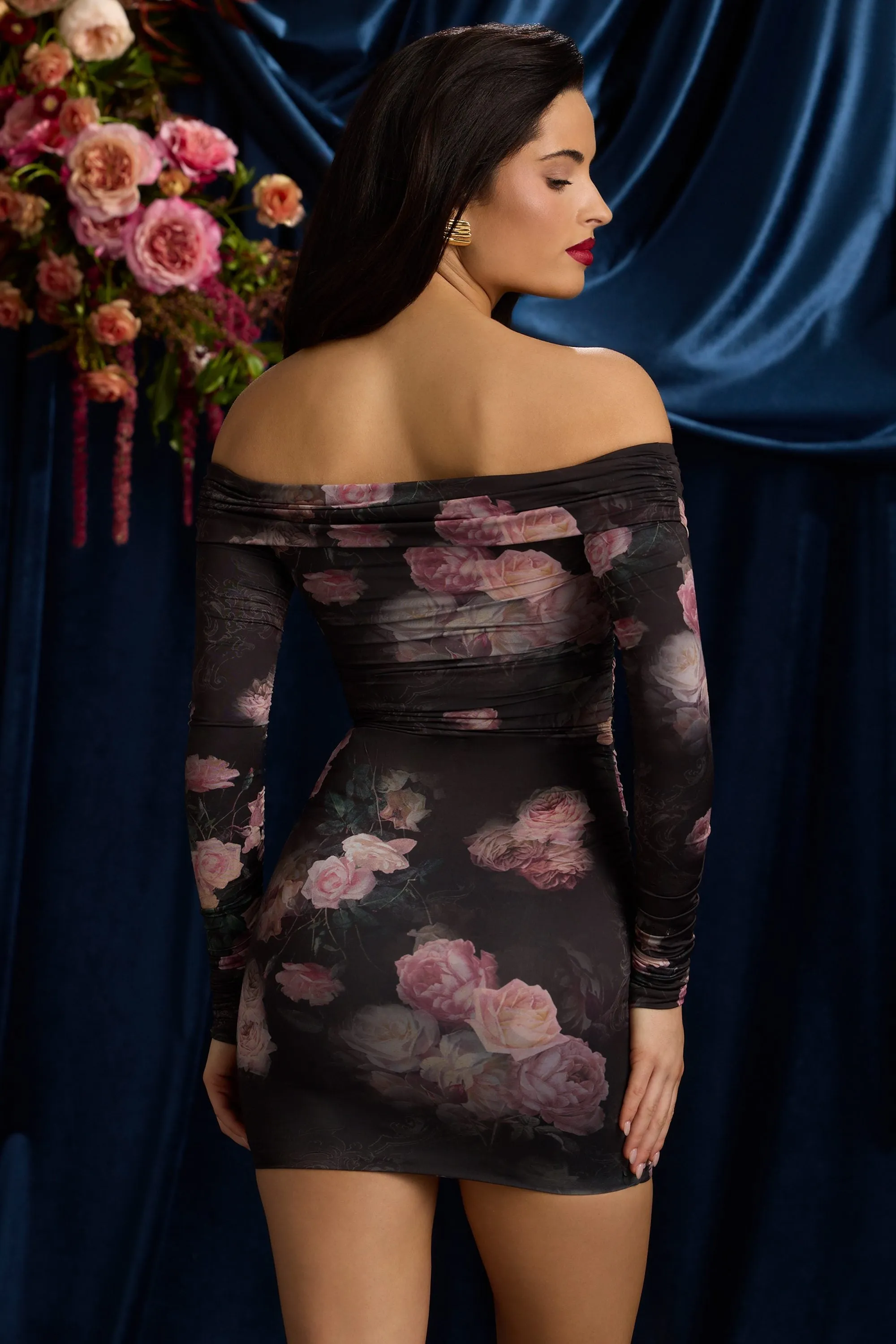 Off-Shoulder Ruched Bodycon Mini Dress in Black Floral Print Chic Spirit Scene Rush