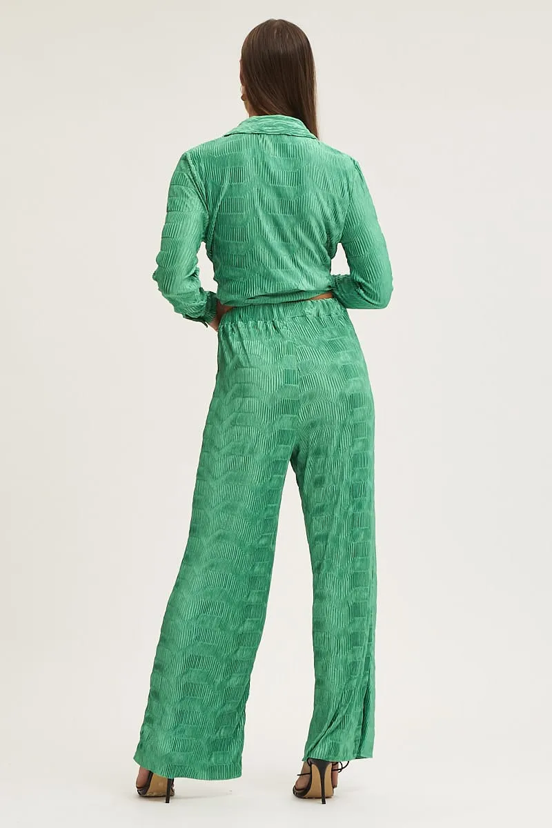 AbrasionResistant Comfort Cushioning Green Plisse Pants Wide Leg High Rise