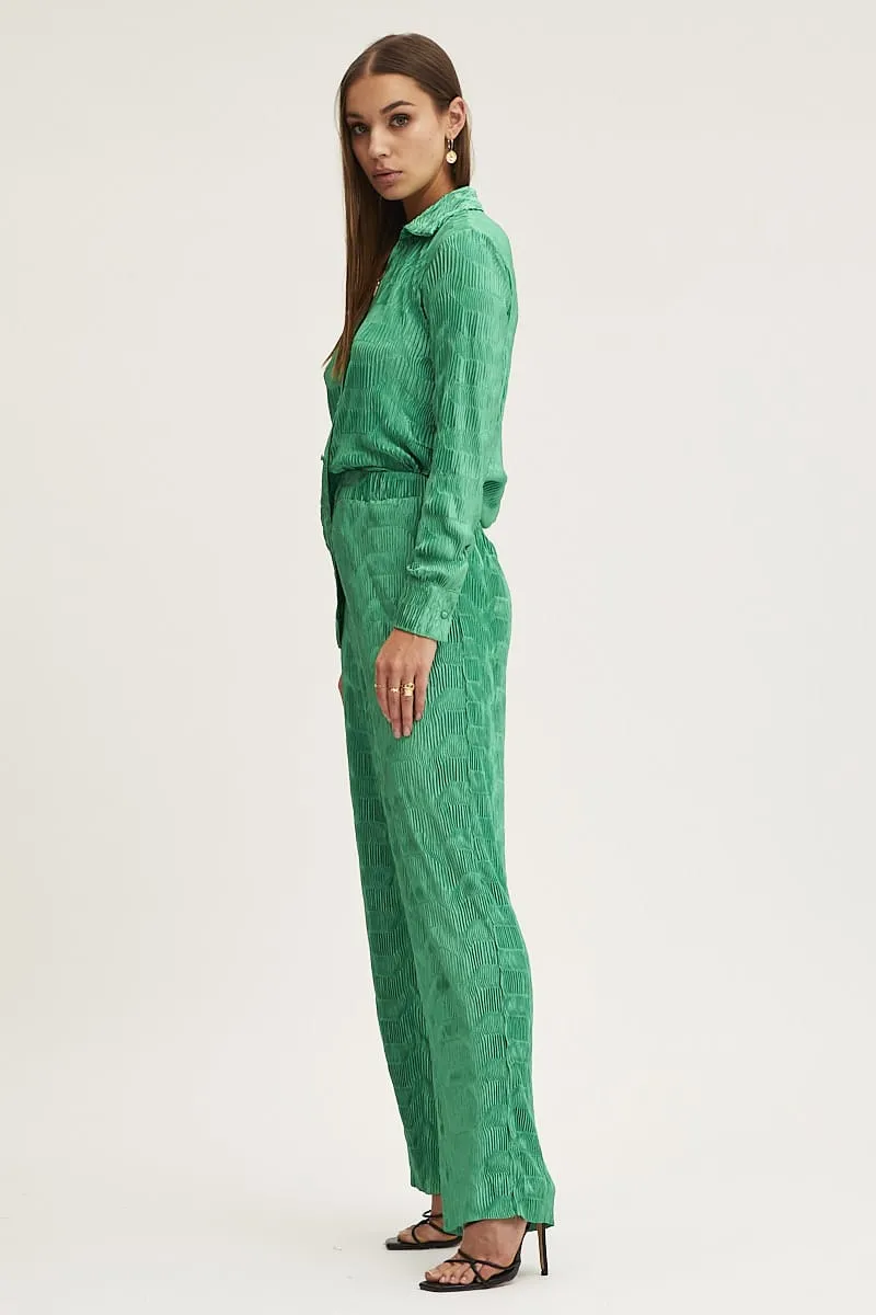 Green Plisse Pants Wide Leg High Rise Sport Performance