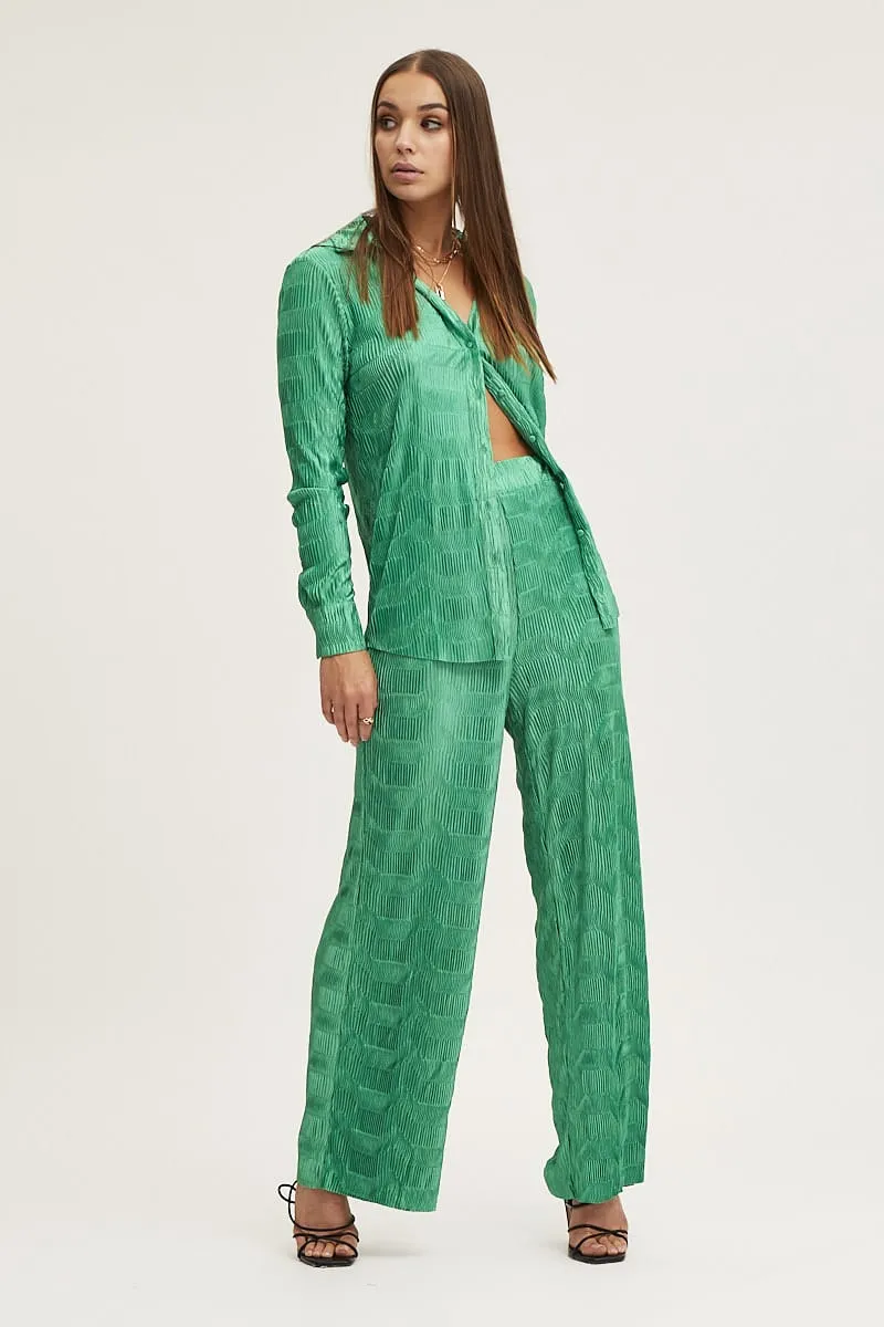 Side slits Relaxed fit wear Green Plisse Pants Wide Leg High Rise
