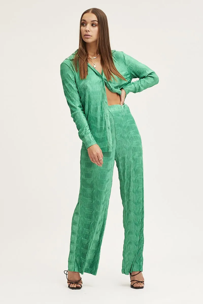 Neutral Style Green Plisse Pants Wide Leg High Rise
