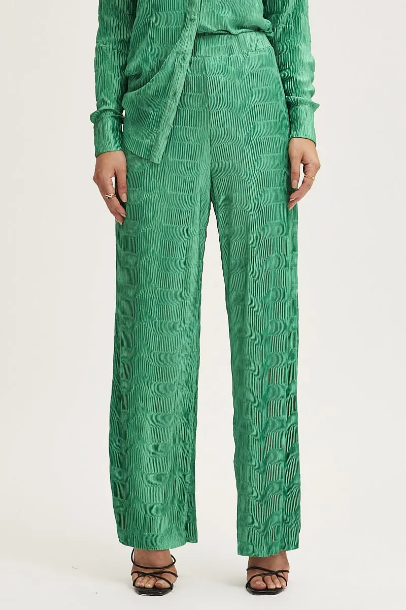 Polyester fabric Green Plisse Pants Wide Leg High Rise