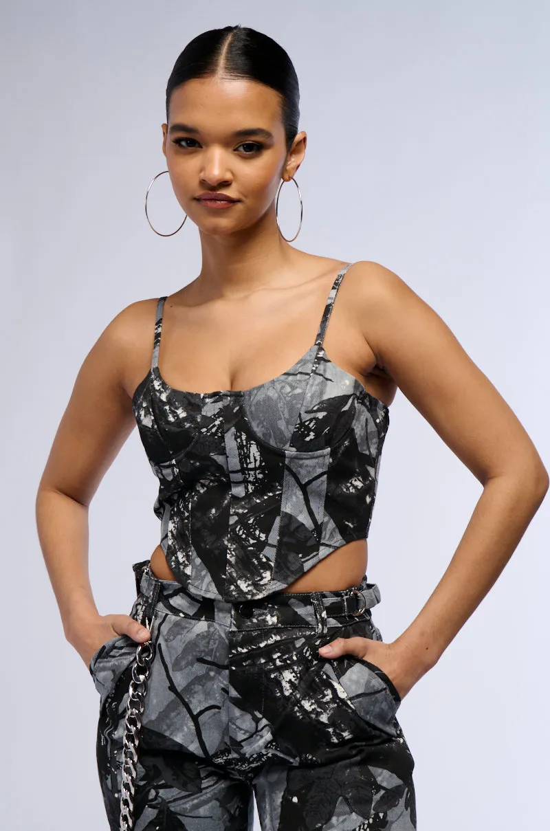 short term lease Athletic Inspired Cut GROUNDED ENERGY PRINTED WOVEN CORSET TOP