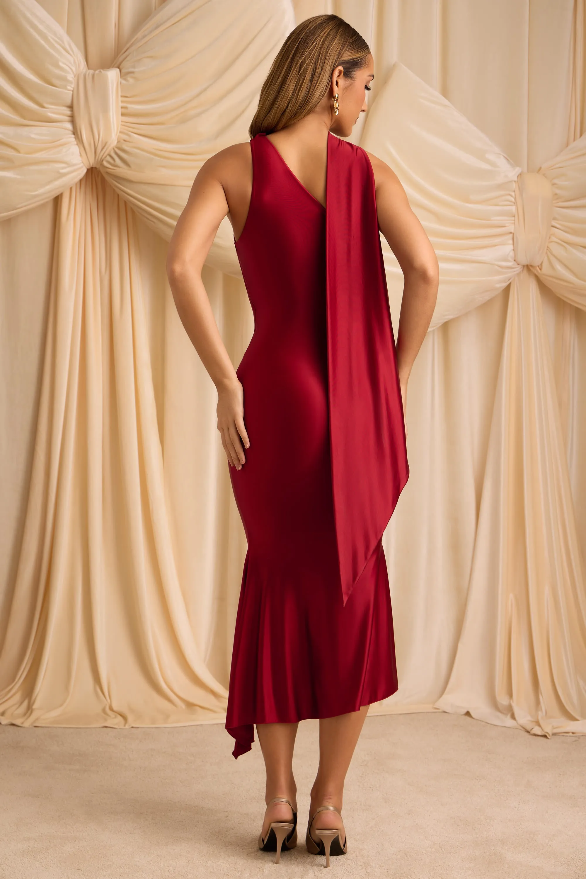 AbrasionResistantThread Run Core Asymmetric Scarf-Detail Midaxi Dress in True Red