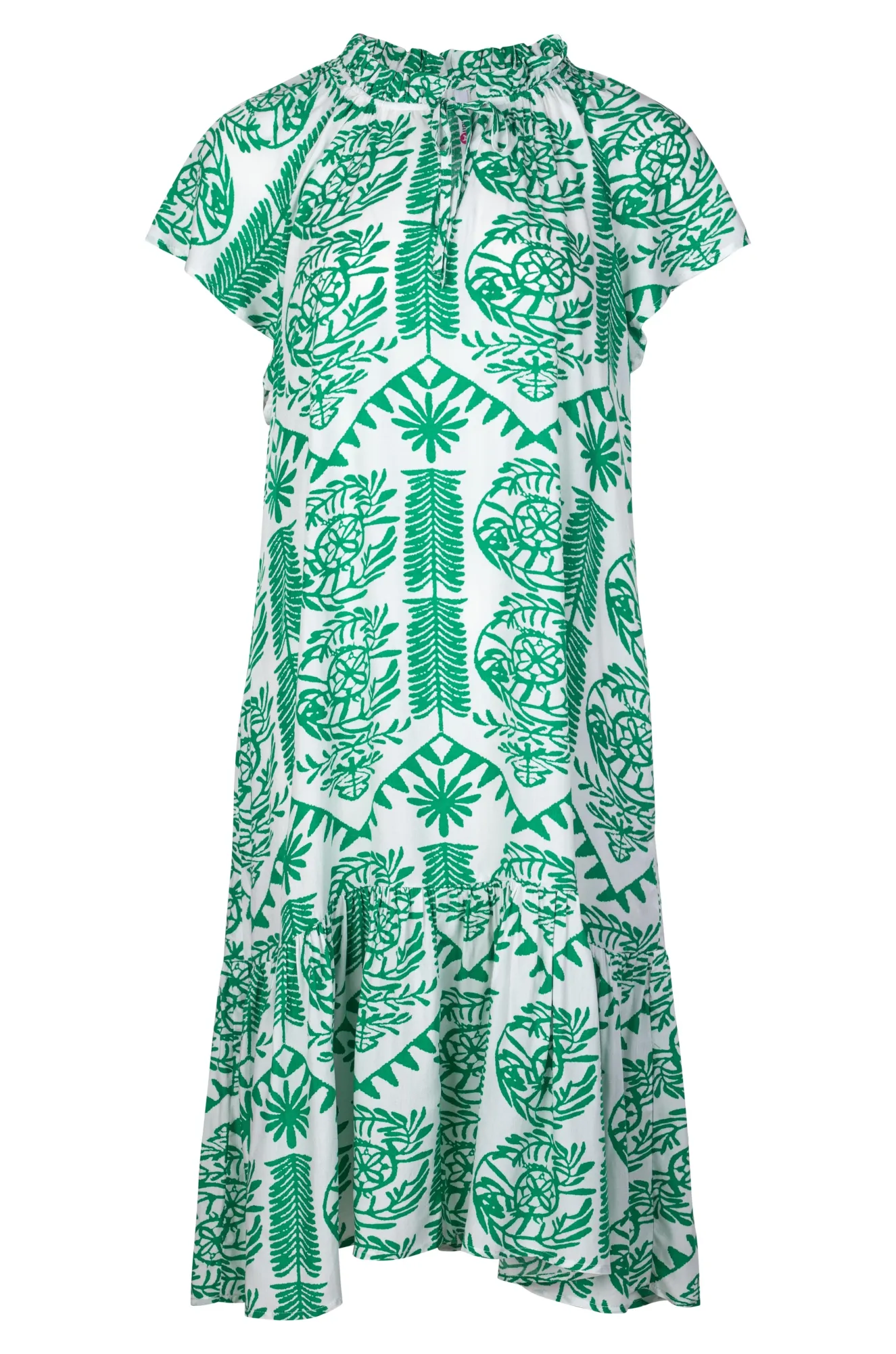 Frill neck Dress with hem tier | Green White Tile | 3350A1 Summer Glow