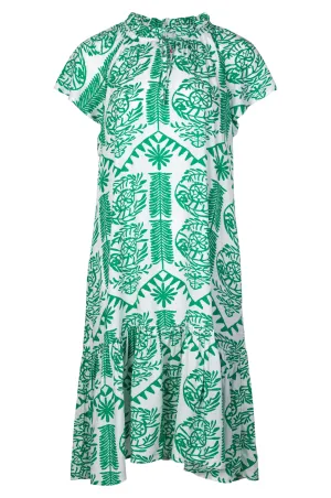 Frill neck Dress with hem tier | Green White Tile | 3350A1 Professional Clothing