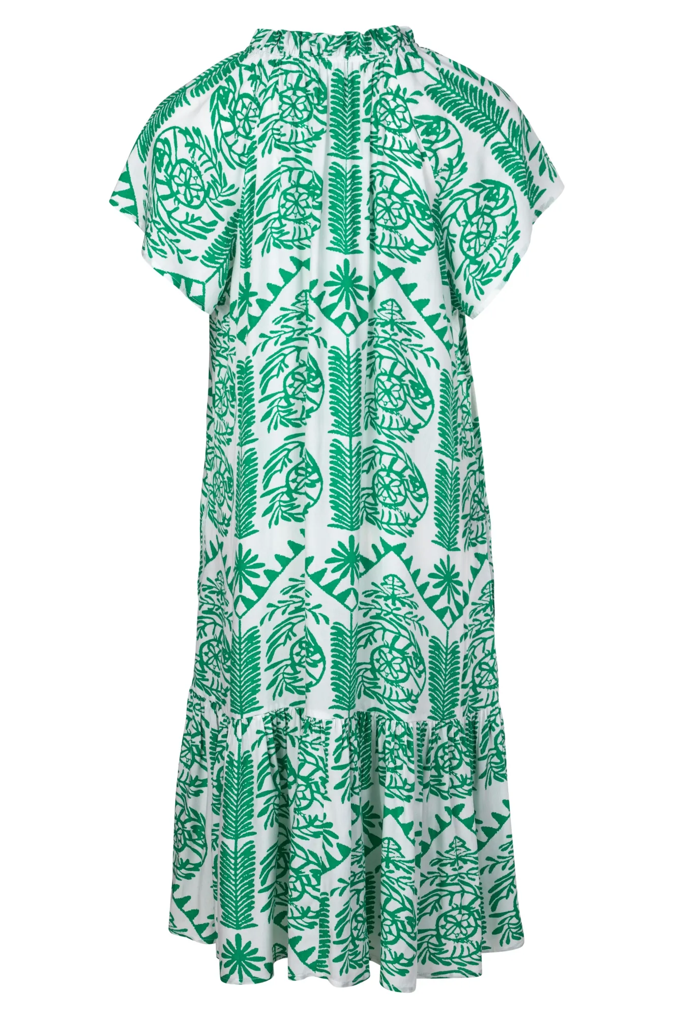 QuickDry Construction Frill neck Dress with hem tier | Green White Tile | 3350A1
