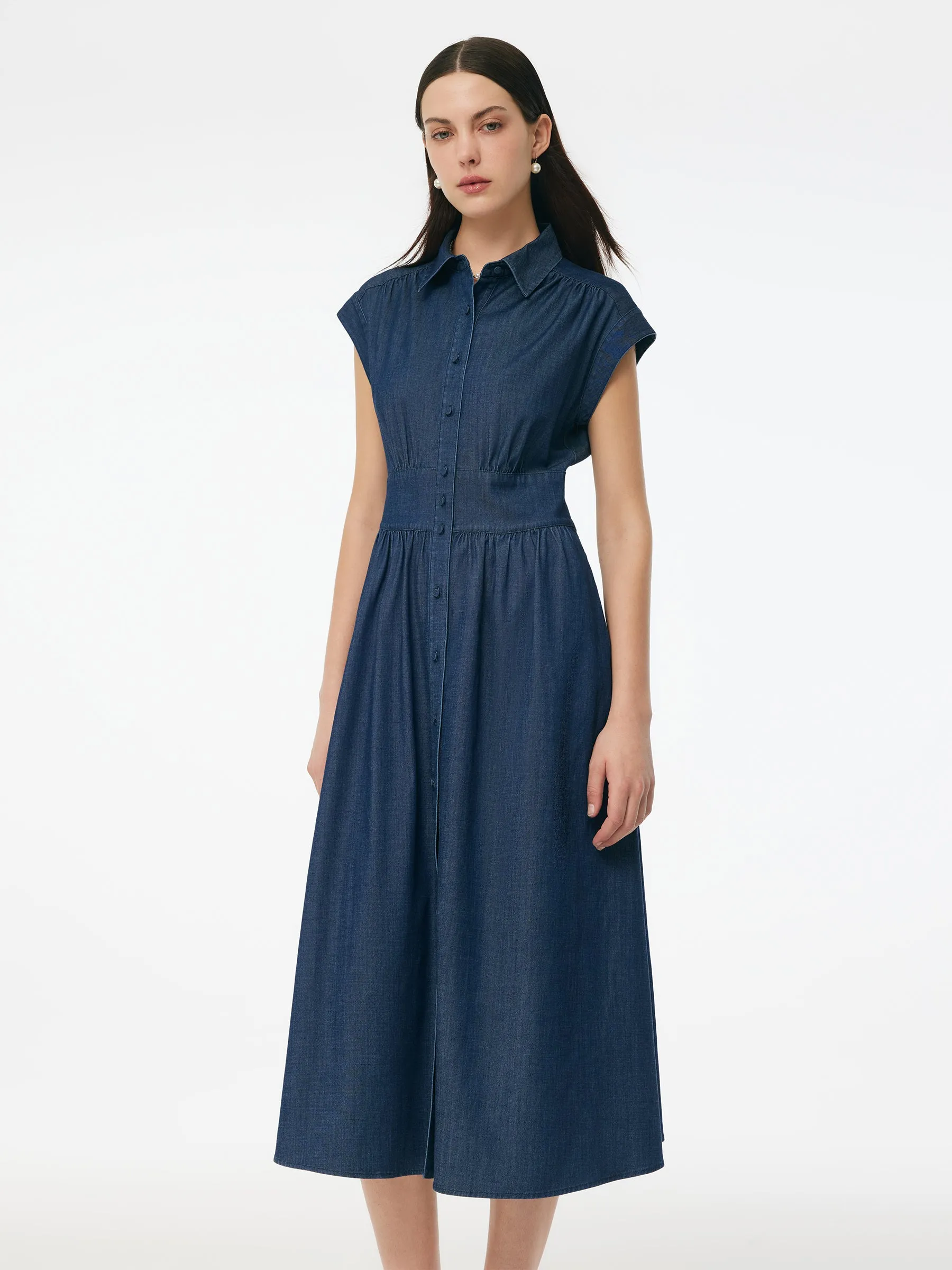 LowMaintenance NoSlipWaistband Denim Stretch Women Maxi Shirt Dress