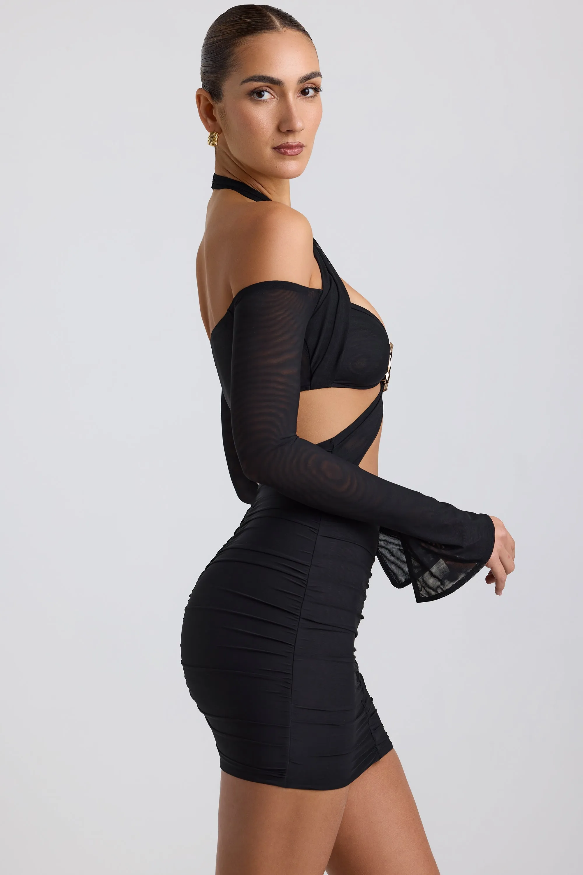 Off-Shoulder Ruched Cut-Out Mini Dress in Black Relaxed Silhouette Classic cute short dress