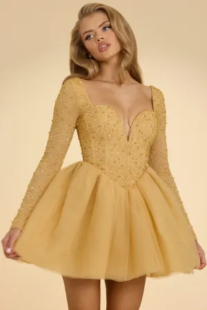 Day-to-evening versatile mini Plunge Neck Tulle Mini Dress in Gold