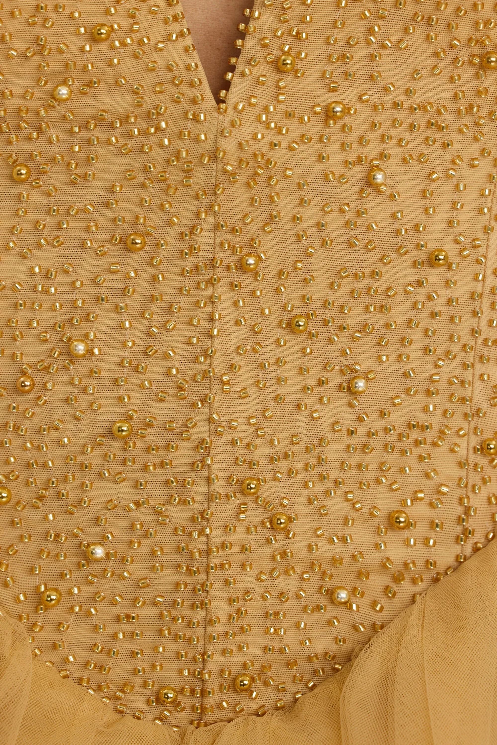 Plunge Neck Tulle Mini Dress in Gold High Light