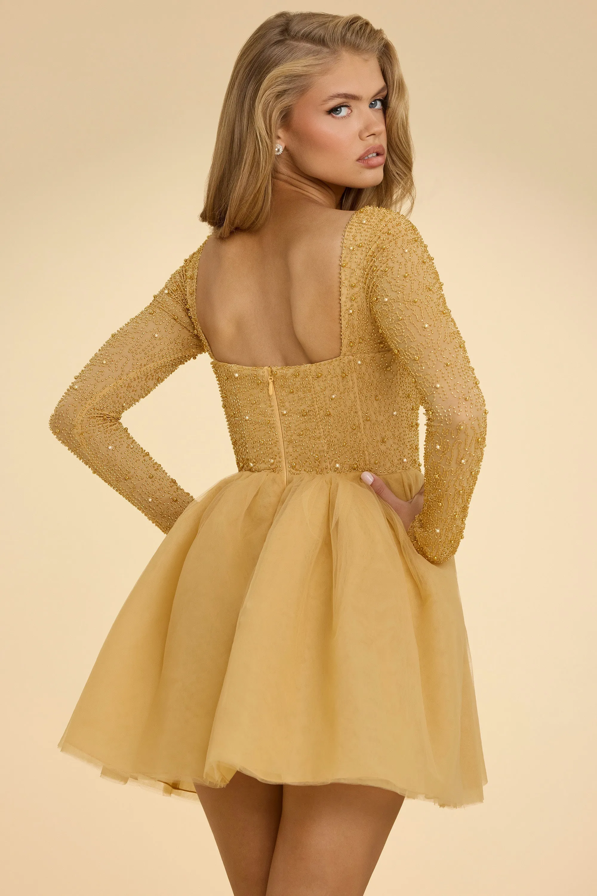 Plunge Neck Tulle Mini Dress in Gold Smart Fit Party Light