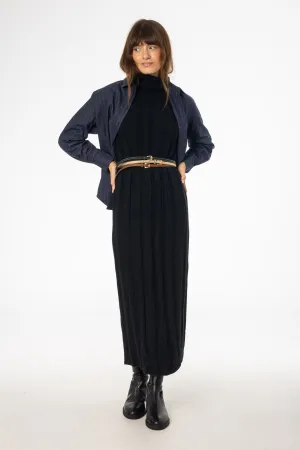 Black Ribbed Knit Turtleneck Maxi Dress Soft Blouse EasyCareMaterial