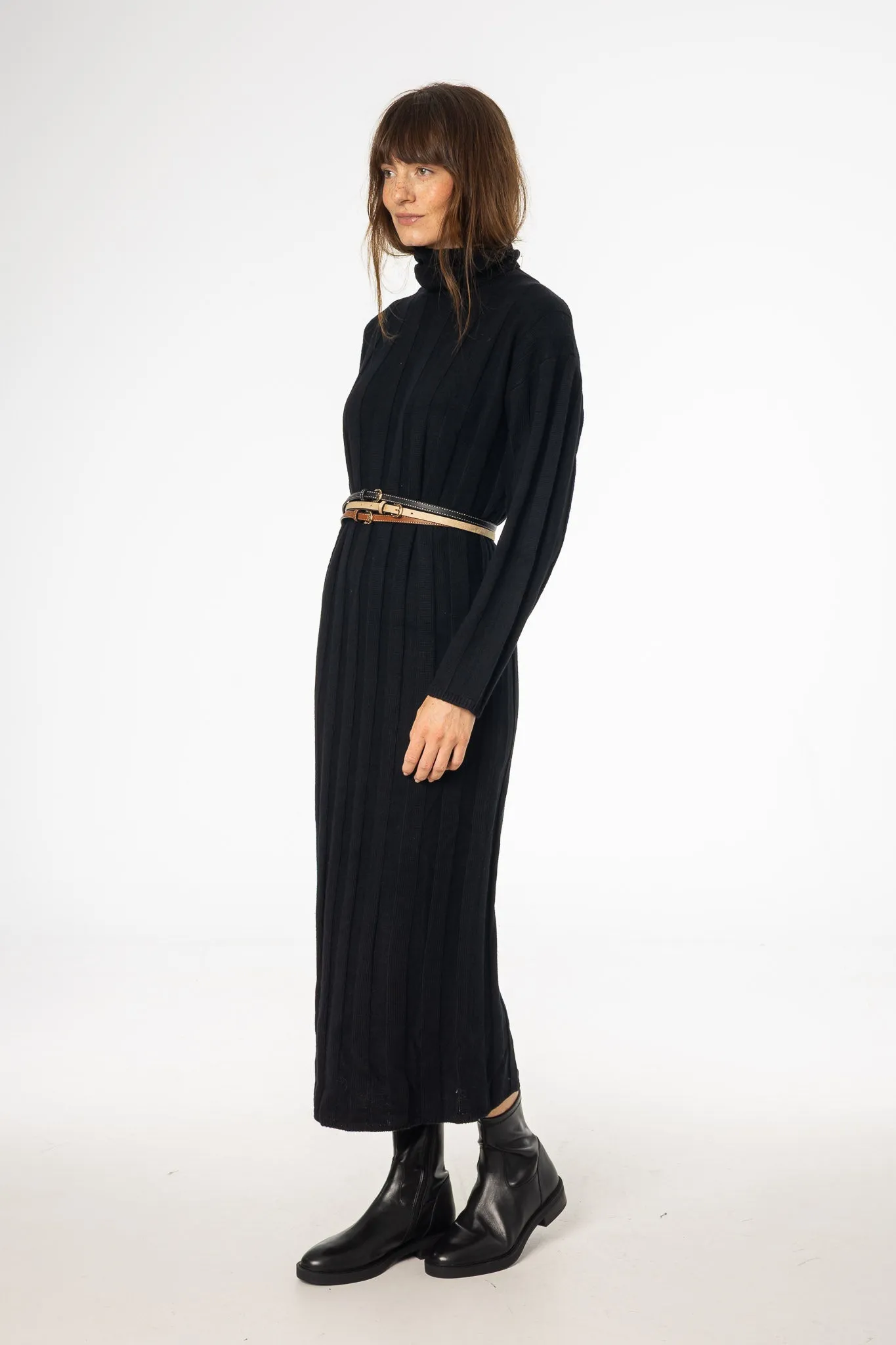 Thermal Insulation Layer Cozy Layers Black Ribbed Knit Turtleneck Maxi Dress