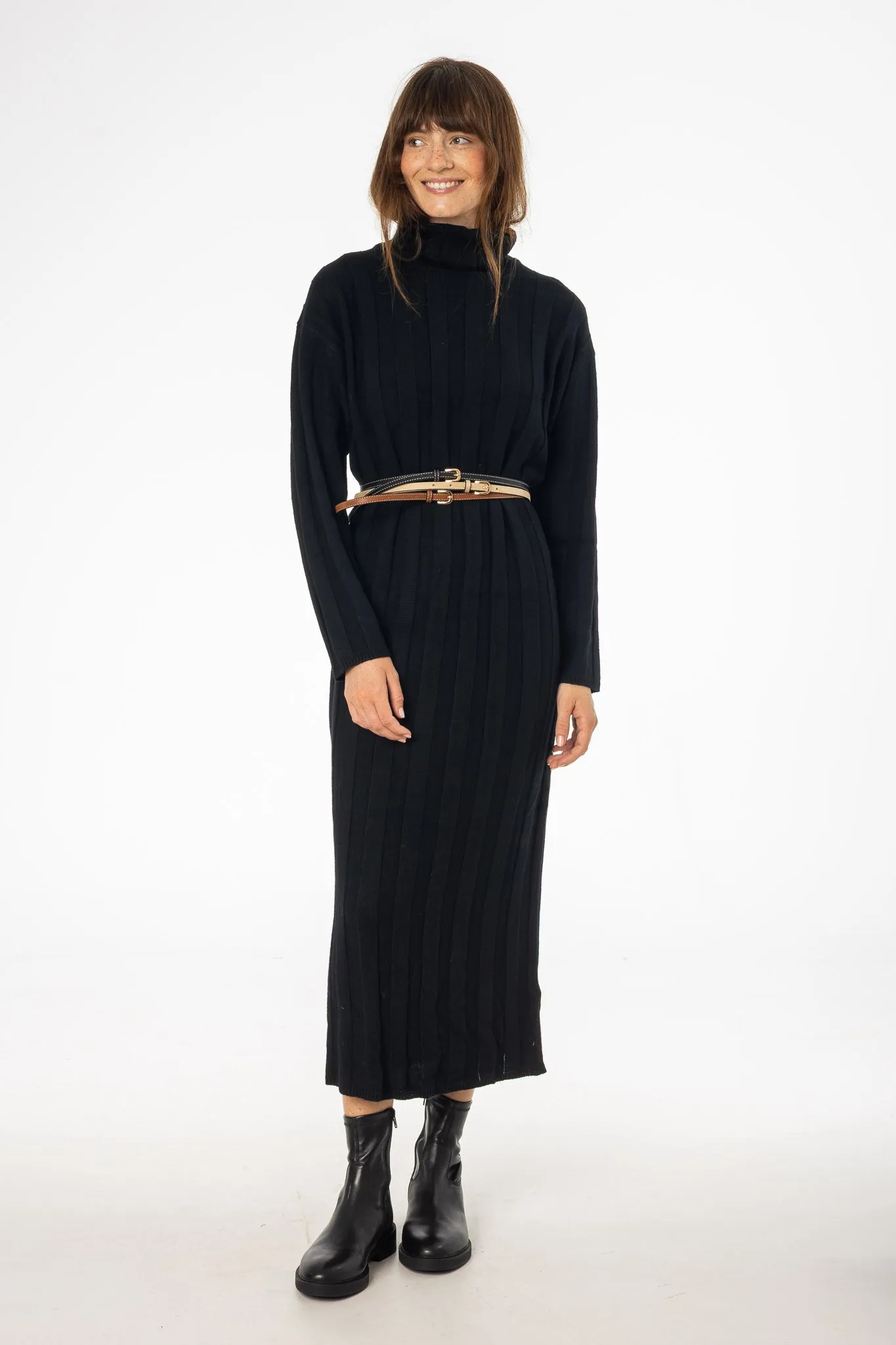Simple Style Light Pants Black Ribbed Knit Turtleneck Maxi Dress