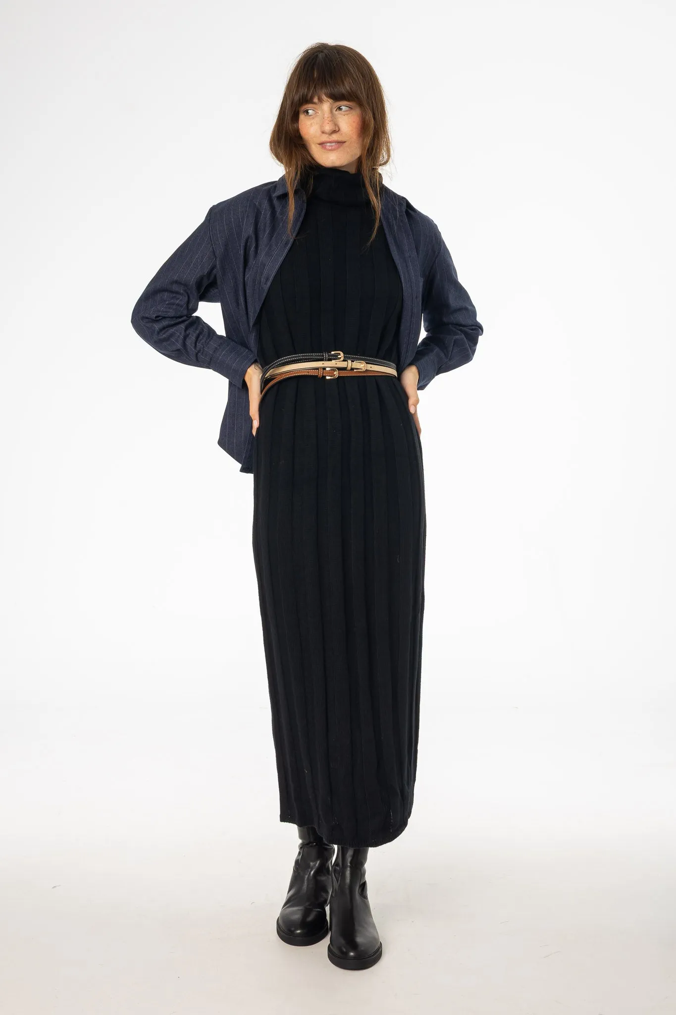 Black Ribbed Knit Turtleneck Maxi Dress Soft Blouse EasyCareMaterial