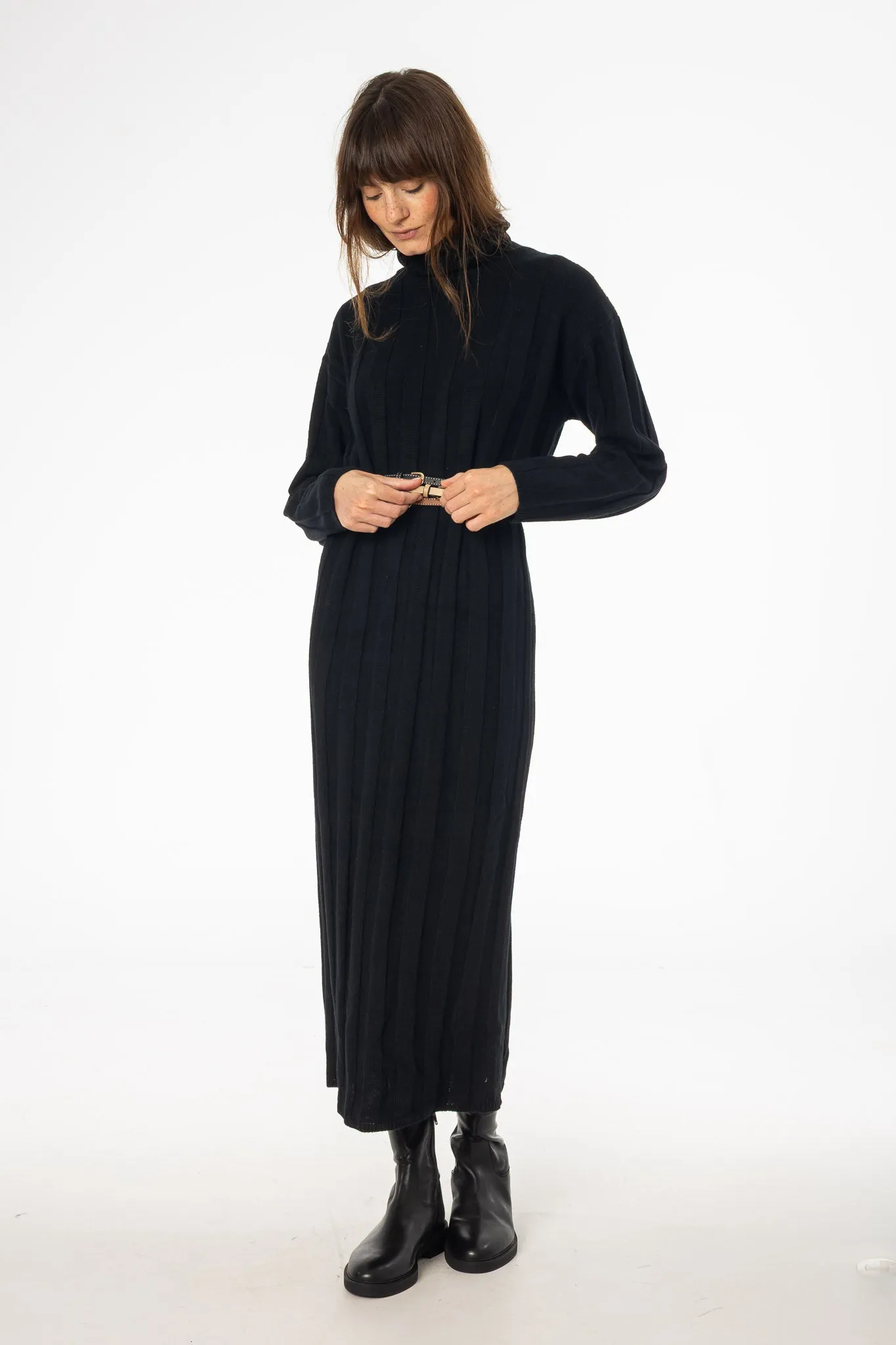 Black Ribbed Knit Turtleneck Maxi Dress Relaxed Look Silk Glow