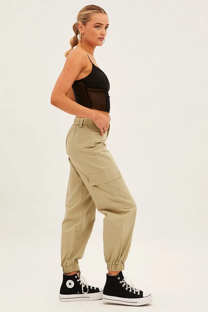 Timeless Comfort Fit Green High Rise Wide Leg Cargo Pants