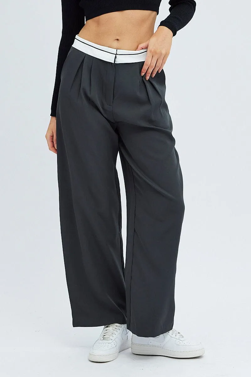 Grey Wide Leg Pants Turn Down Waist Low Rise Minimal Edge Perfect Shape