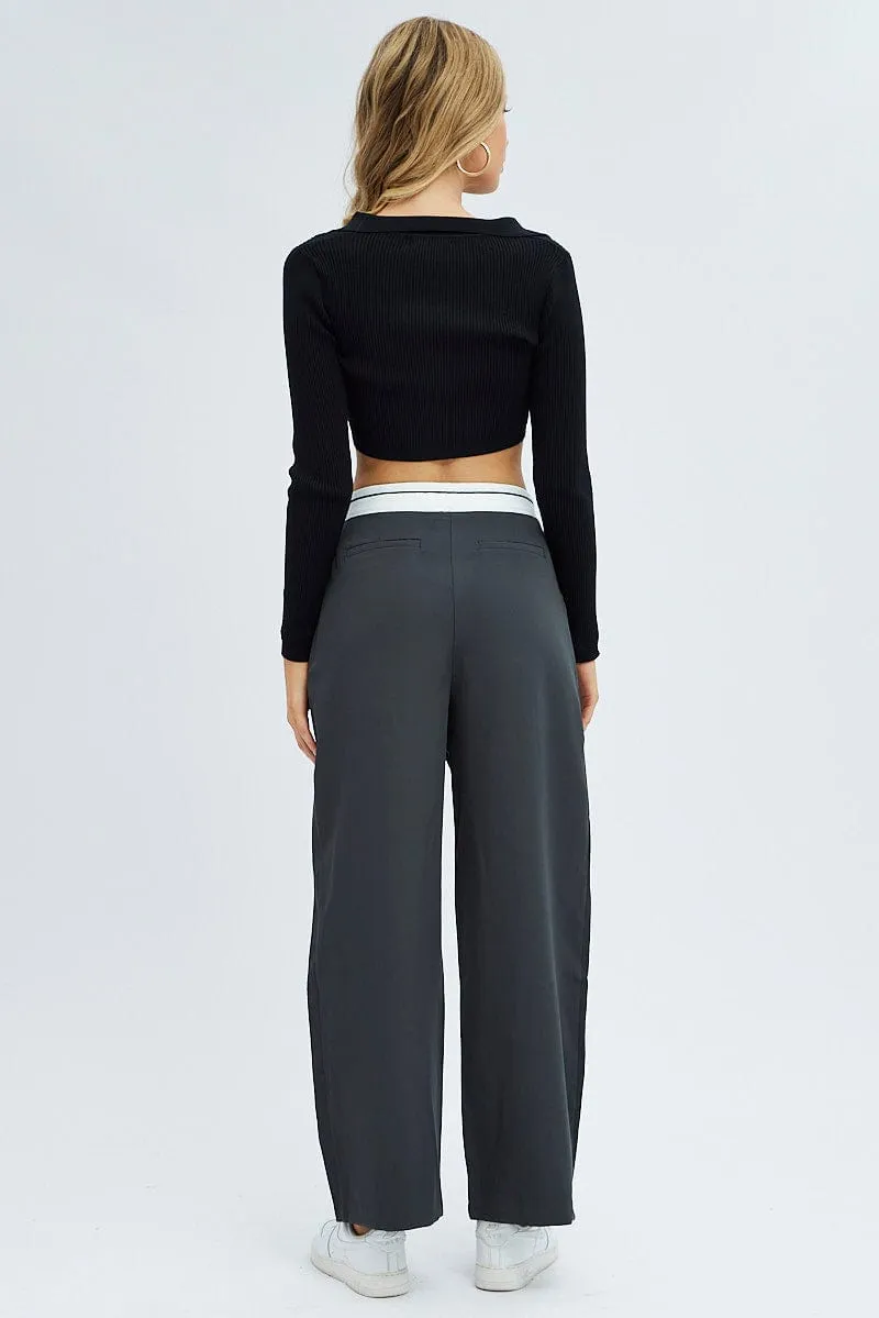 Grey Wide Leg Pants Turn Down Waist Low Rise Classic Design Low Profile Fasteners