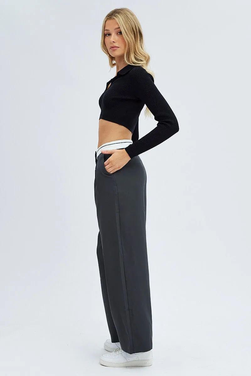 Smooth zipper closure Recycled Polyester Blend Grey Wide Leg Pants Turn Down Waist Low Rise