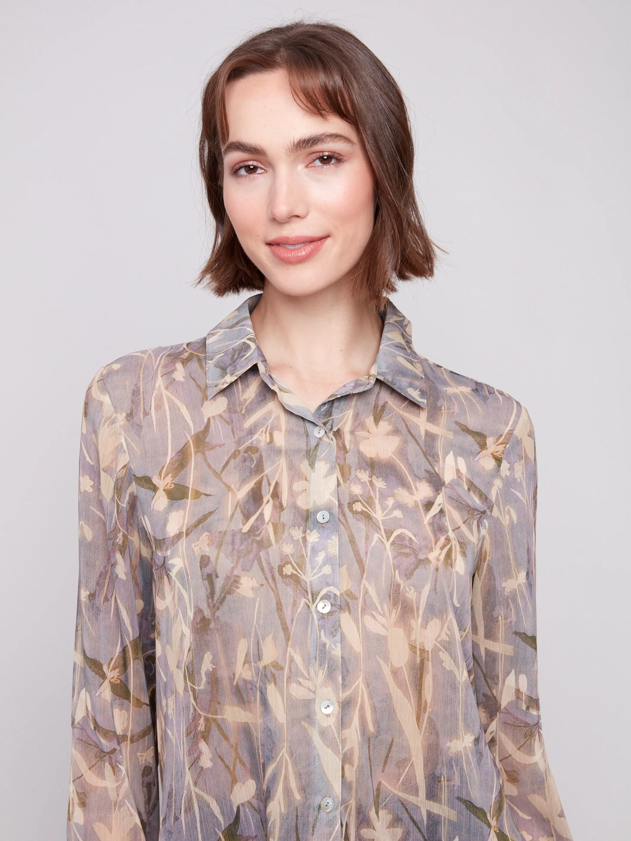 Layering Piece Euro Mood Printed Chiffon Button-Down Shirt - Serene