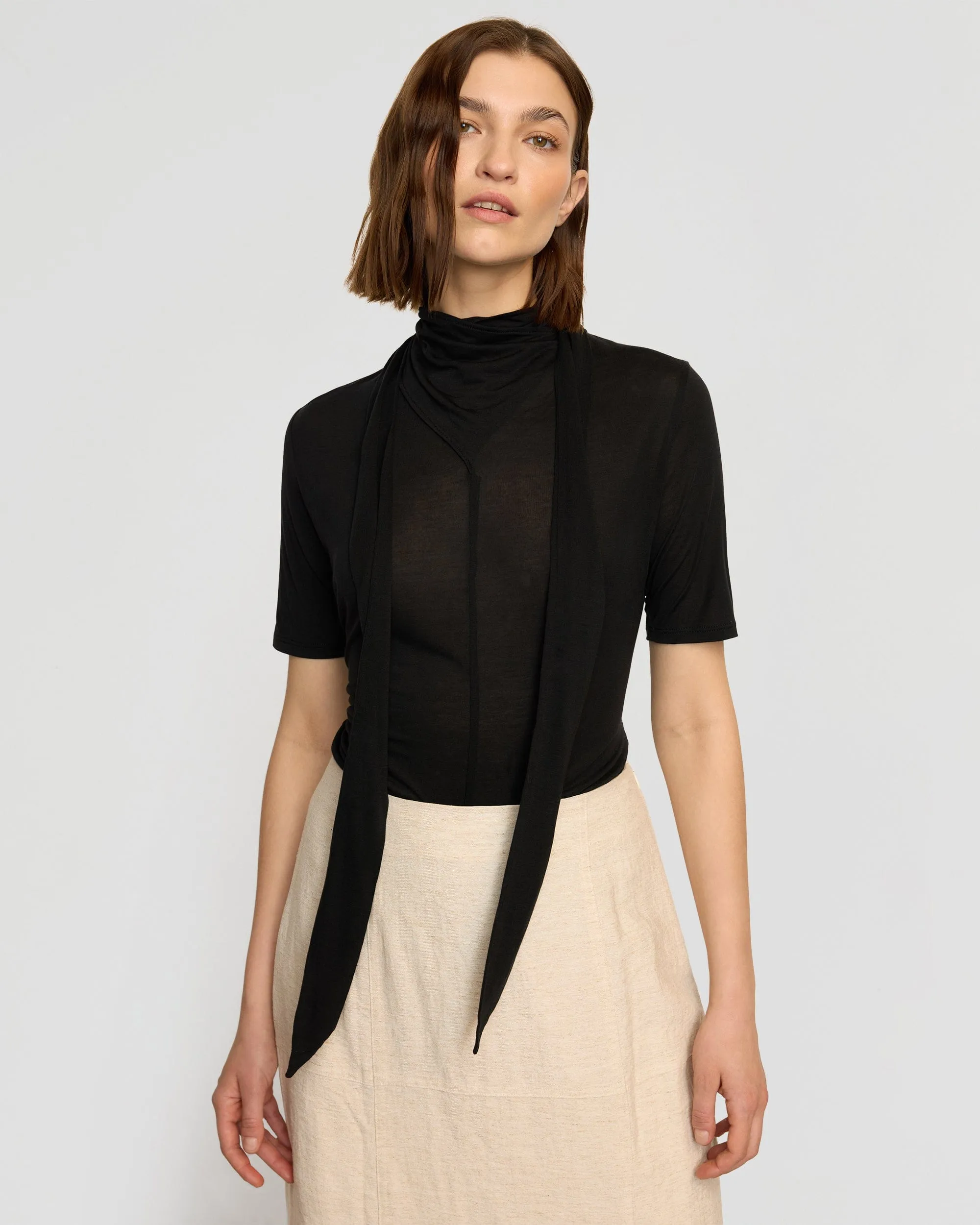 Soft Cotton Feel Lucine Scarf-Neck Semi-Sheer Tencel Tee