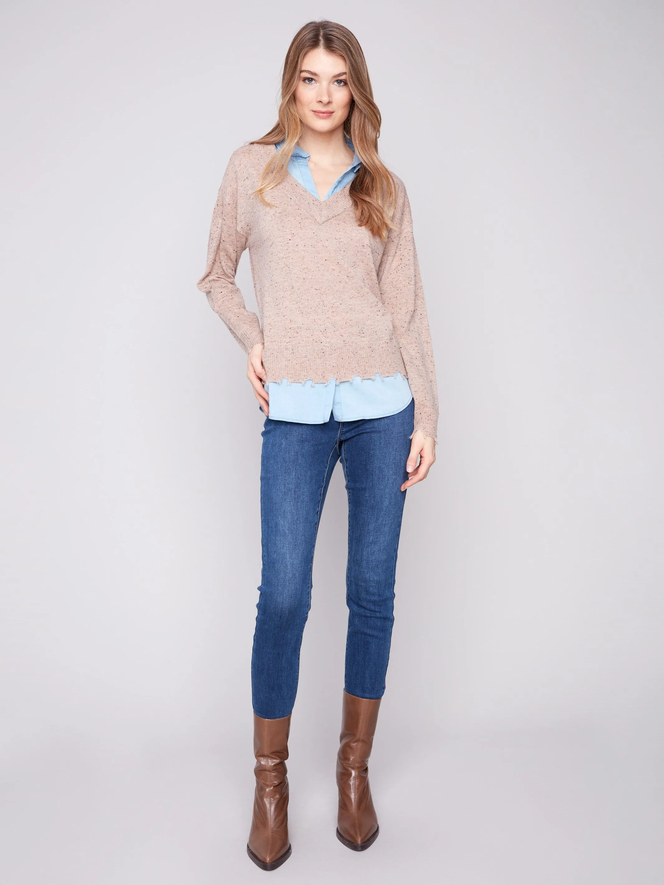 Winter Ready Outfit V-Neck Fooler Sweater With Shirt Collar - Oat Flecks