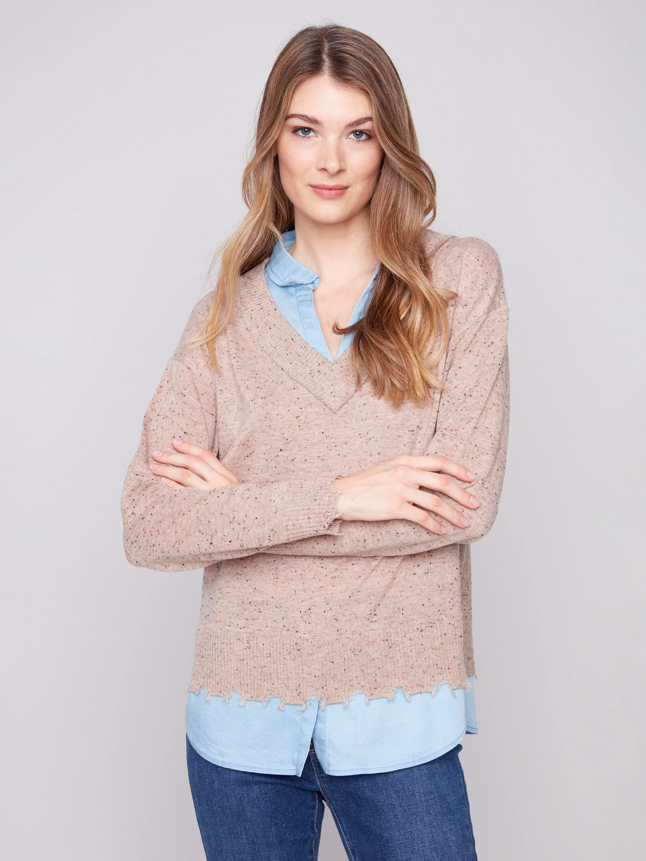 V-Neck Fooler Sweater With Shirt Collar - Oat Flecks Subtle Texture Detail Snuggle Wear