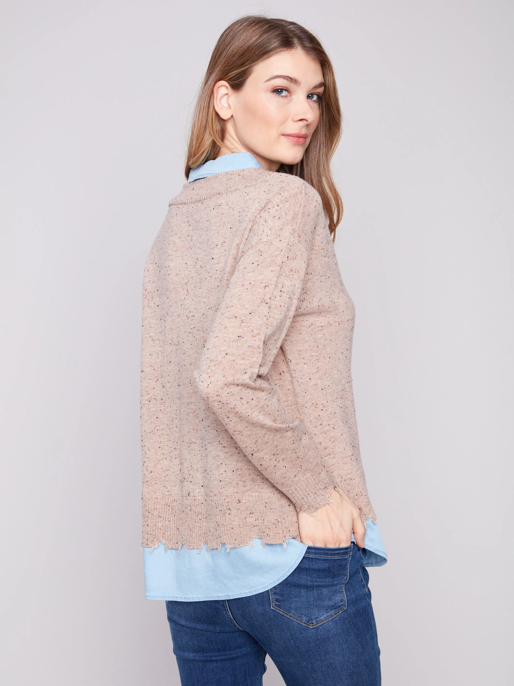 V-Neck Fooler Sweater With Shirt Collar - Oat Flecks All-Season Comfort Recycled Yarn