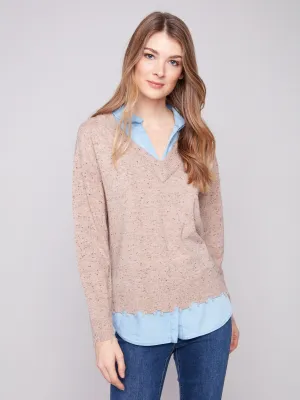 Layering Knit Effortless Comfort Wear V-Neck Fooler Sweater With Shirt Collar - Oat Flecks