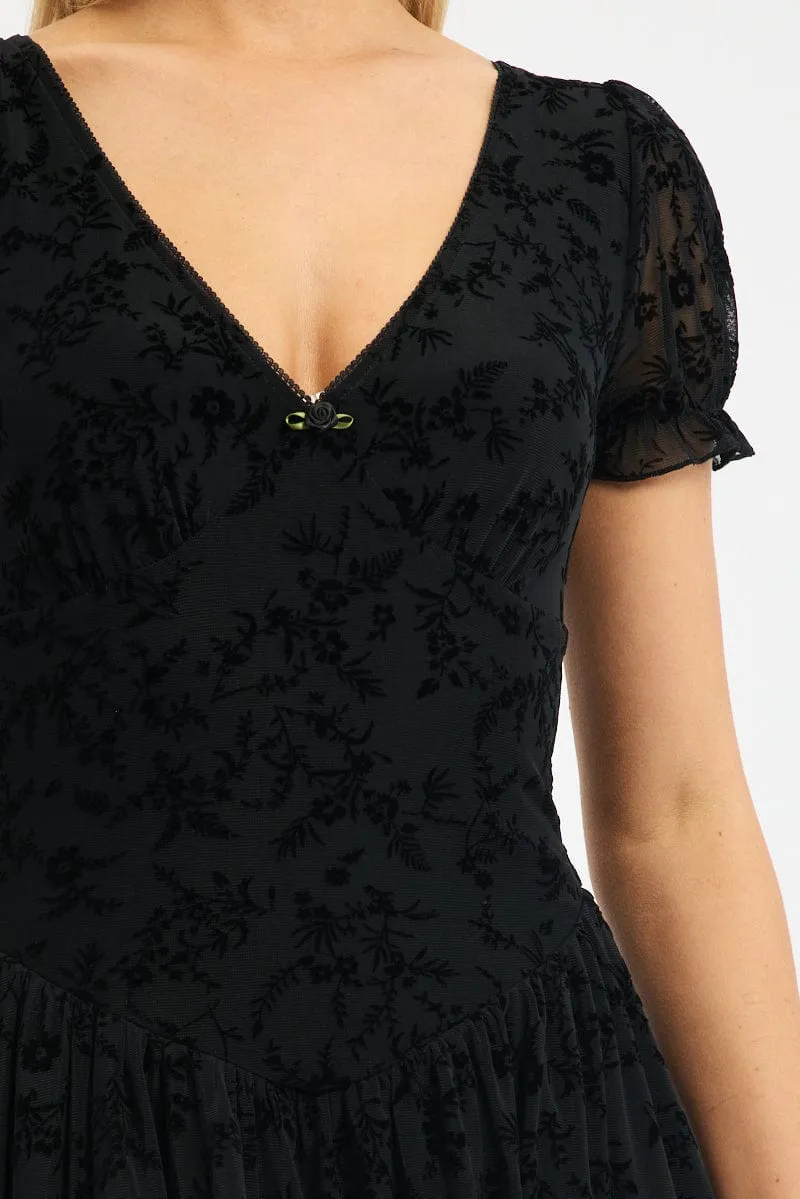 Sunset Glow Trendy Wardrobe Black Midi Dress Puff Sleeve Burn Out
