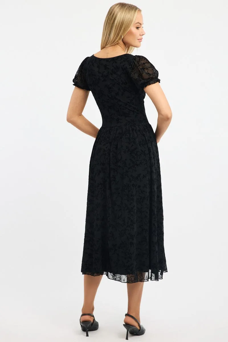 Snow Path Black Midi Dress Puff Sleeve Burn Out