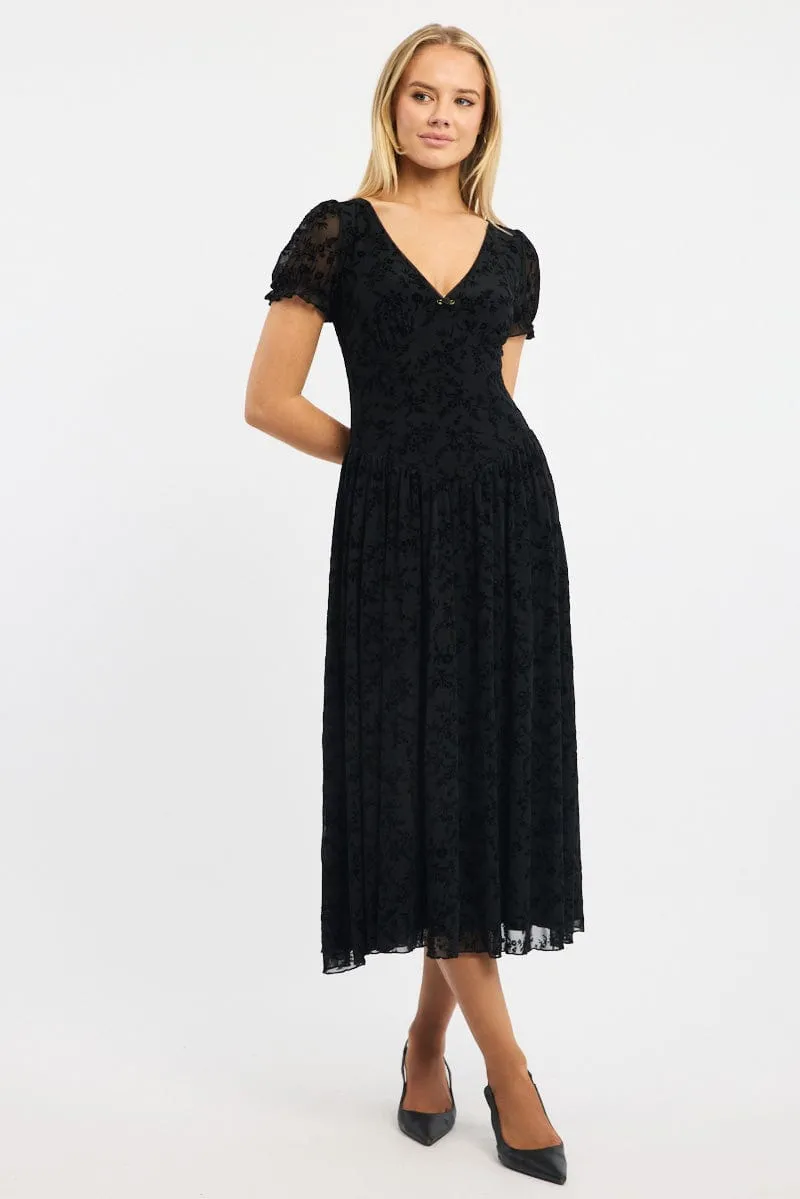Casual Style Black Midi Dress Puff Sleeve Burn Out