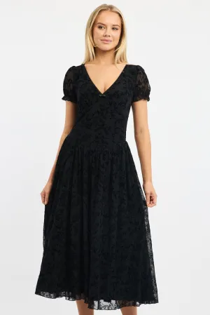 Black Midi Dress Puff Sleeve Burn Out Grass Smell