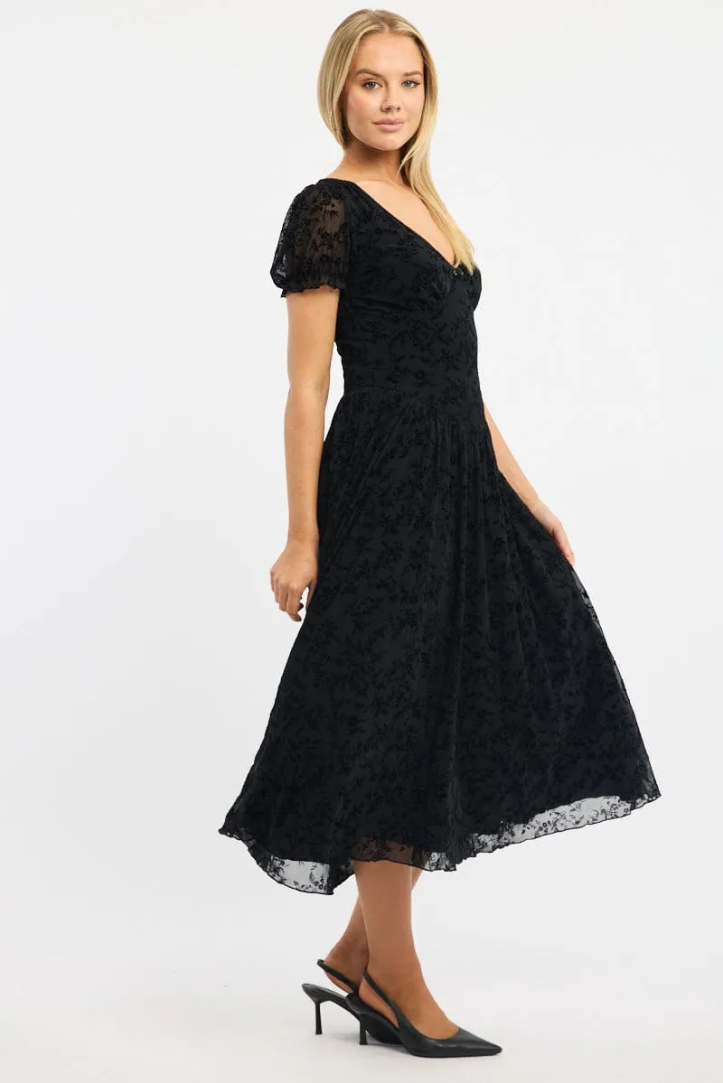Black Midi Dress Puff Sleeve Burn Out Chic Style