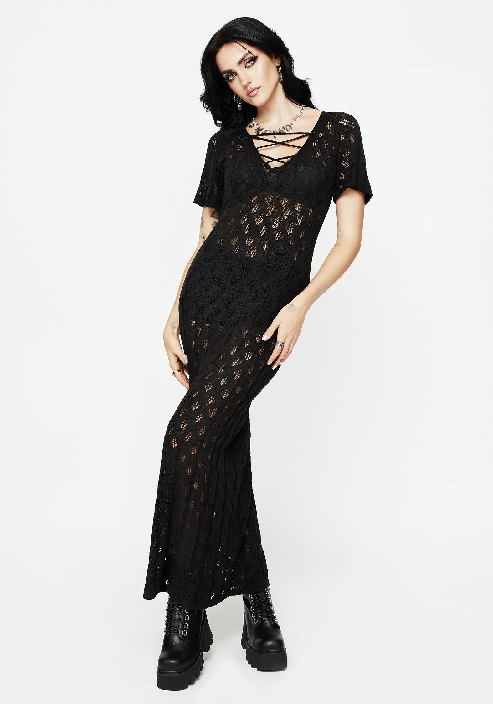 Mesh Touch Elnora Moth Crochet Knit Maxi Dress