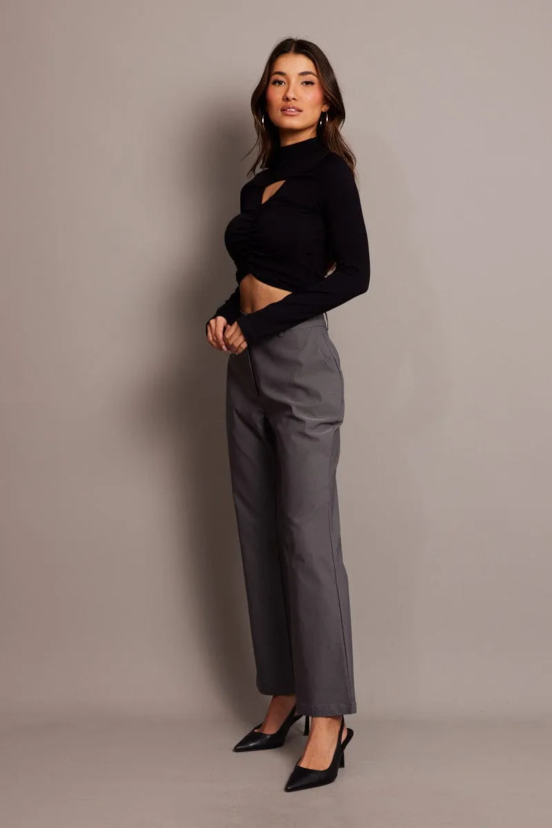 Side Pockets Grey Slim Pants High Rise